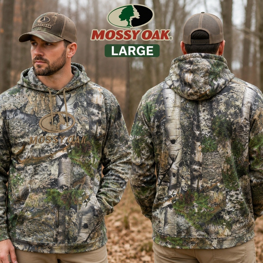 Mossy Oak Camo Hoodie‎ Mens L Forest Birch Tree Camouflage Performance Pullover
